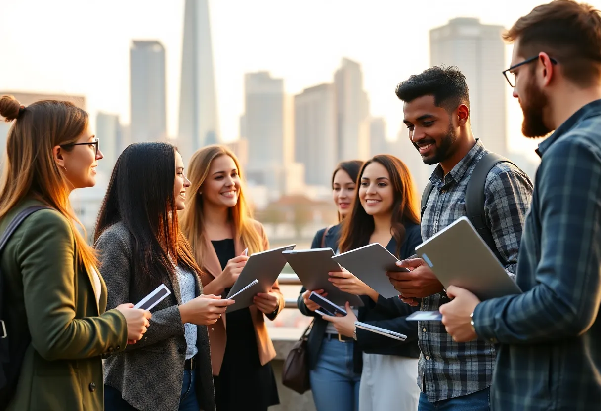 Group of young professionals networking outdoors with Nashville skyline in the background
