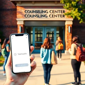 University counseling center exterior with students nearby and a student holding a smartphone showing a telehealth app