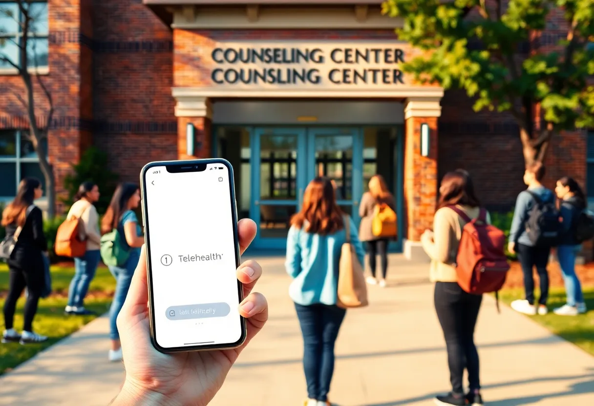University counseling center exterior with students nearby and a student holding a smartphone showing a telehealth app