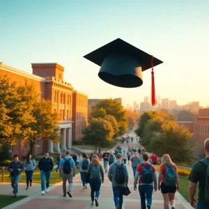 Students on a university campus with a graduation cap in the air and a city skyline in the background