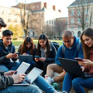 Group of students using laptops outdoors to register for college classes