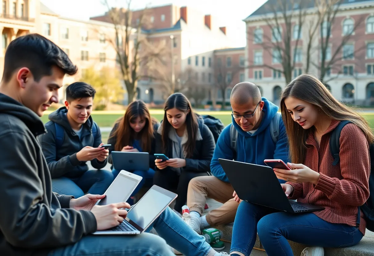 Group of students using laptops outdoors to register for college classes