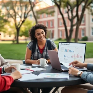 Students meeting an academic advisor at APSU reviewing a degree audit on a laptop