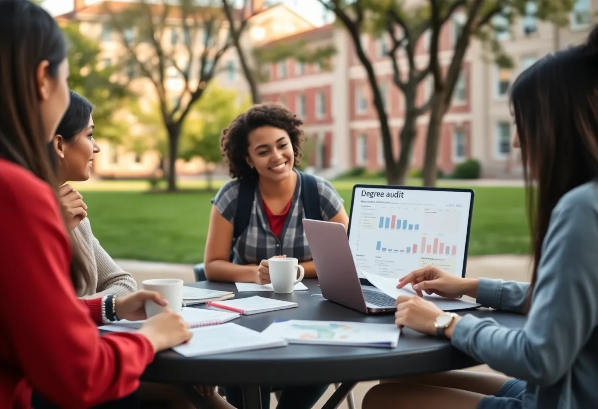 Students meeting an academic advisor at APSU reviewing a degree audit on a laptop