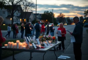 Candlelit vigil and volunteers organizing donations and tributes on a suburban street at dusk