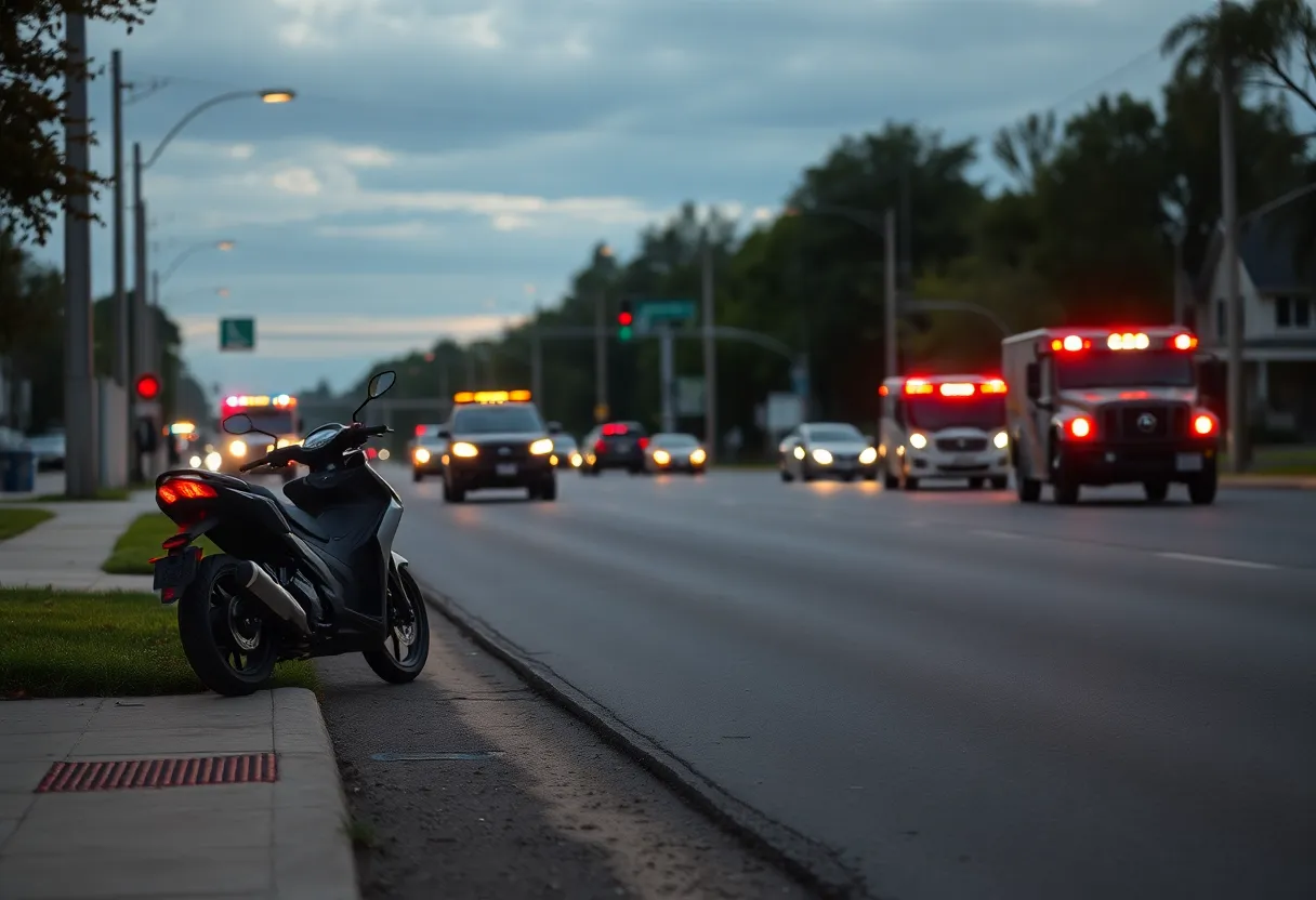 Suburban boulevard at dusk with an electric motorcycle at the roadside and emergency lights in the distance