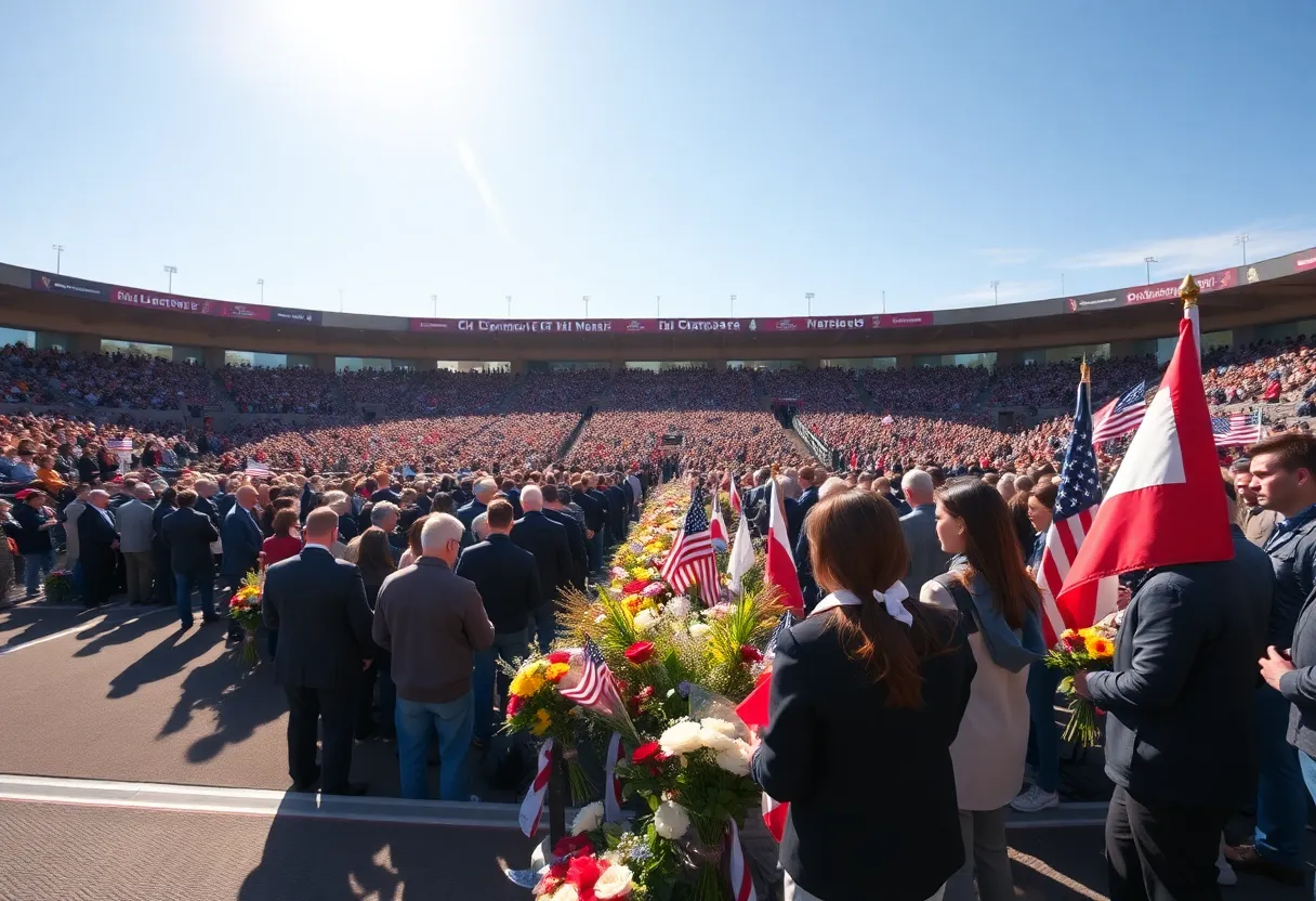 Large crowd at memorial service with floral tributes