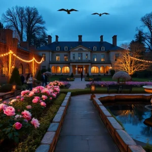 Cheekwood gardens and mansion at dusk with lit pathways and glowing installations