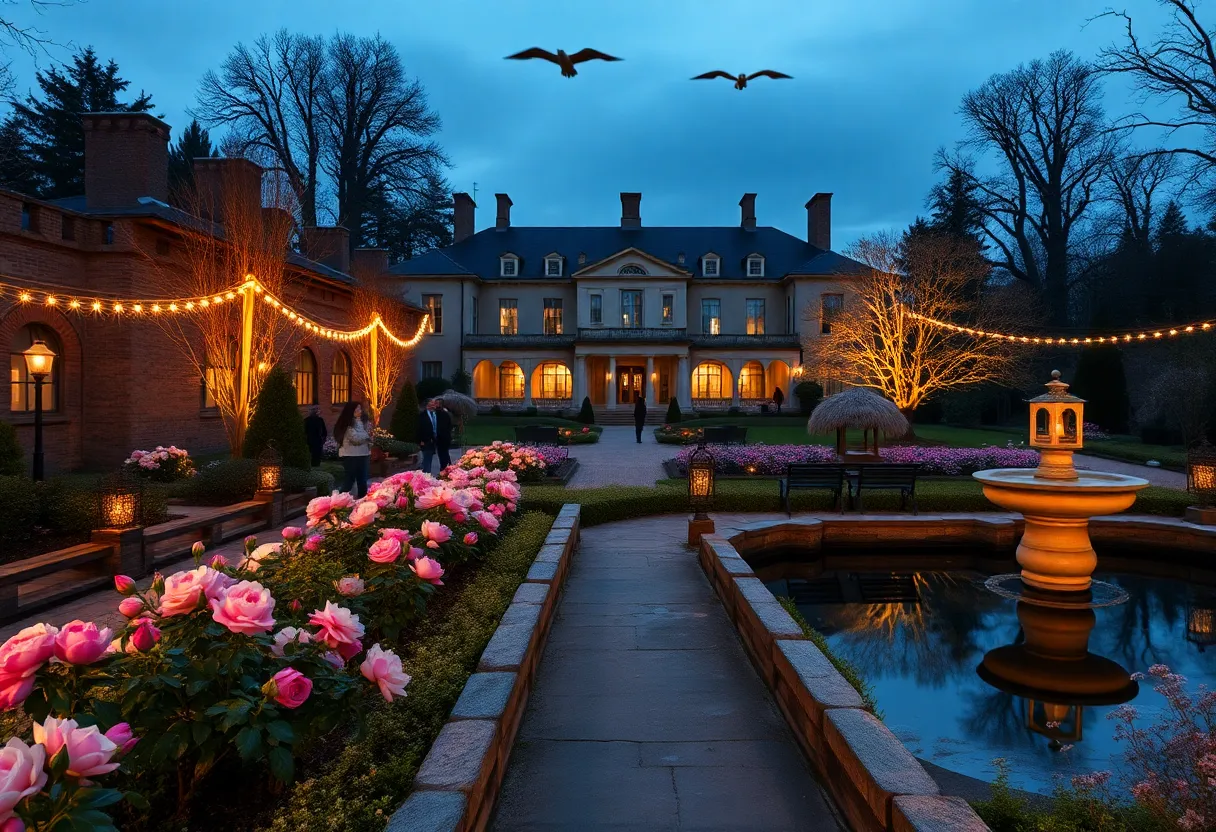 Cheekwood gardens and mansion at dusk with lit pathways and glowing installations