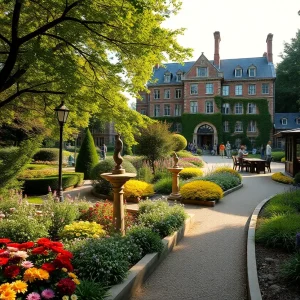 Visitors strolling past a historic mansion and colorful seasonal gardens at Cheekwood with sculptures along the path
