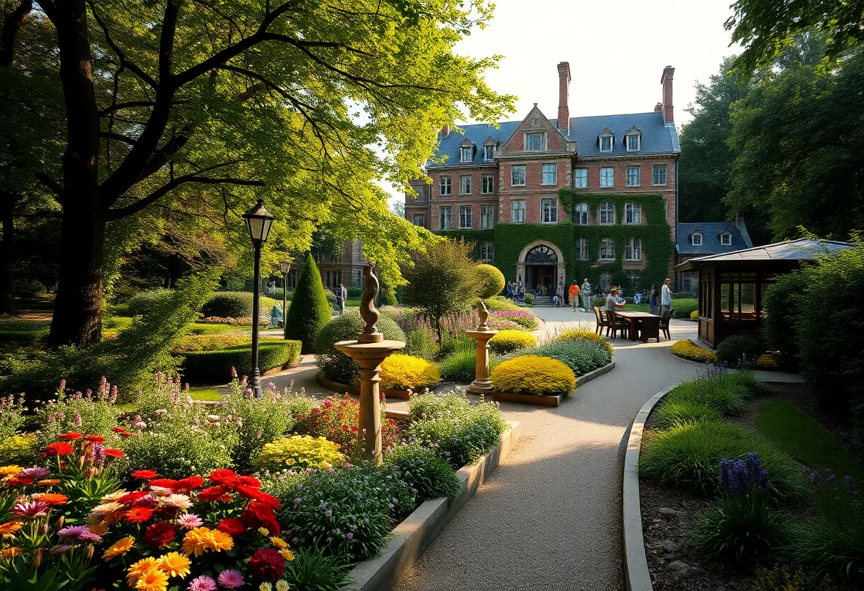 Visitors strolling past a historic mansion and colorful seasonal gardens at Cheekwood with sculptures along the path