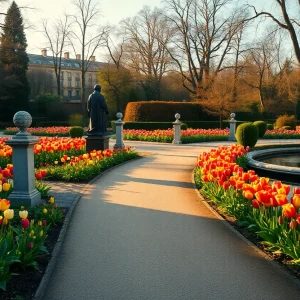 Golden hour view of Cheekwood gardens with tulips, statuary, and a winding pathway