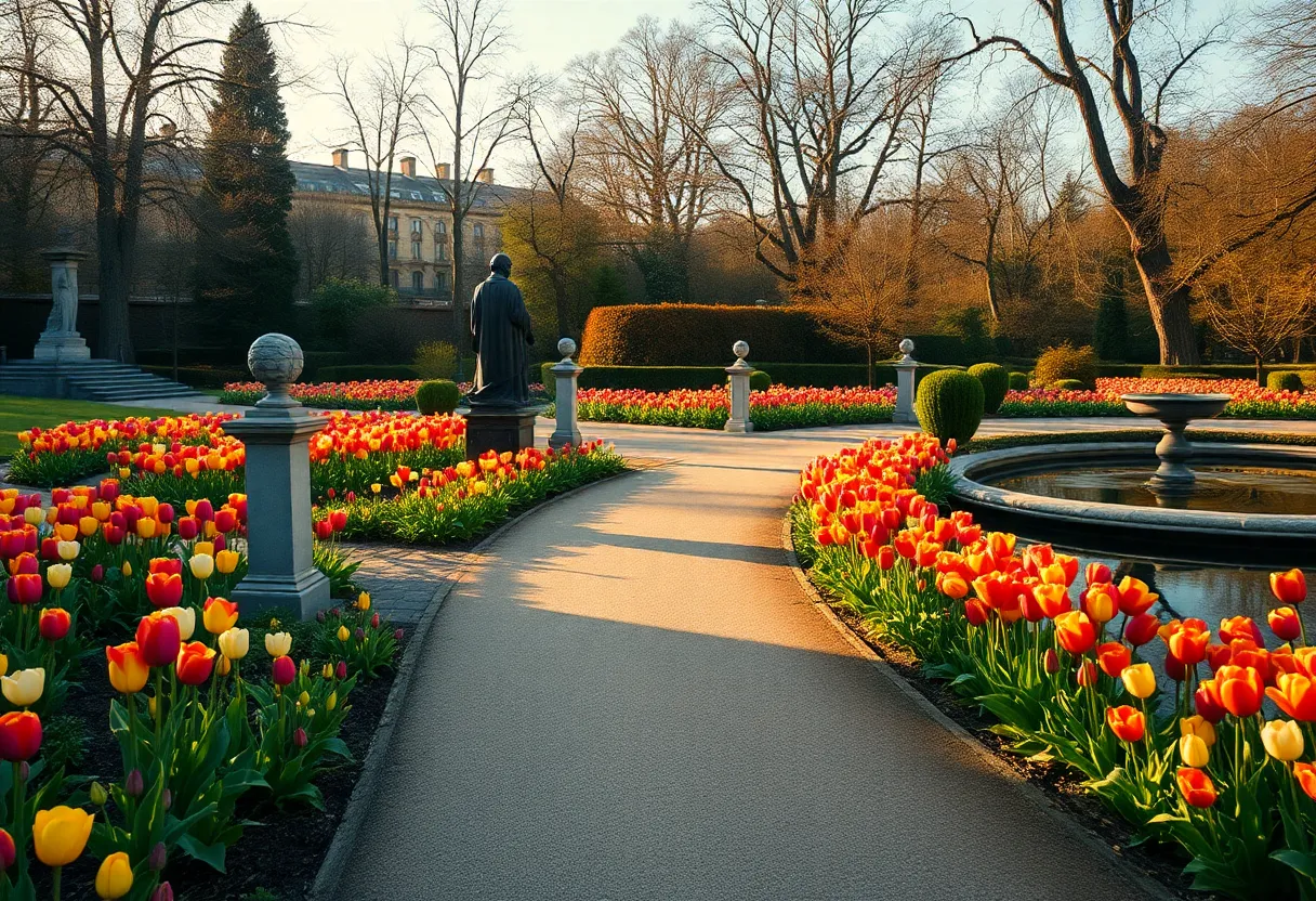 Golden hour view of Cheekwood gardens with tulips, statuary, and a winding pathway