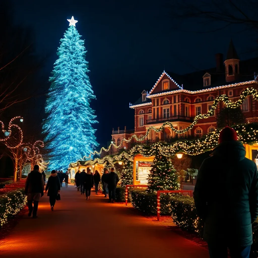 Garden pathway at Cheekwood illuminated with holiday lights and a 28-foot LED tree near a decorated historic mansion