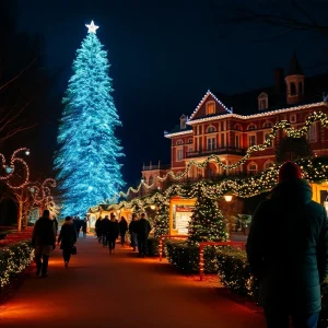 Garden pathway at Cheekwood illuminated with holiday lights and a 28-foot LED tree near a decorated historic mansion