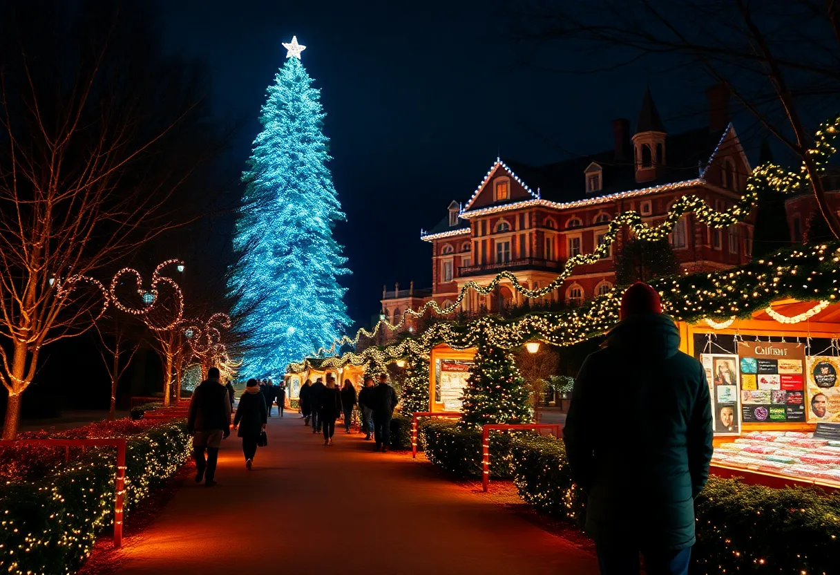 Garden pathway at Cheekwood illuminated with holiday lights and a 28-foot LED tree near a decorated historic mansion