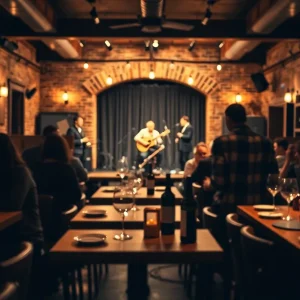 Interior of City Winery Nashville showing cozy tables, wine glasses, and a small stage with a live band silhouette