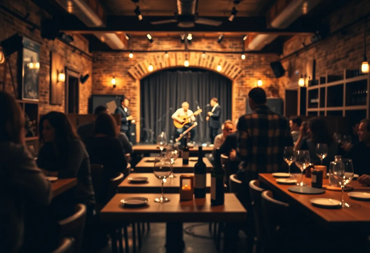 Interior of City Winery Nashville showing cozy tables, wine glasses, and a small stage with a live band silhouette