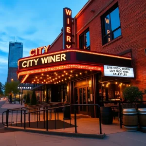 Exterior of City Winery Nashville on Lafayette Street with lit marquee and accessible entrance ramp
