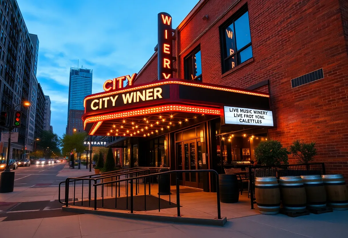 Exterior of City Winery Nashville on Lafayette Street with lit marquee and accessible entrance ramp