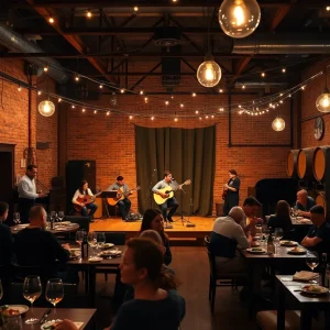 Interior view of a winery concert venue in Nashville with stage, dining tables and guests enjoying wine and live music.