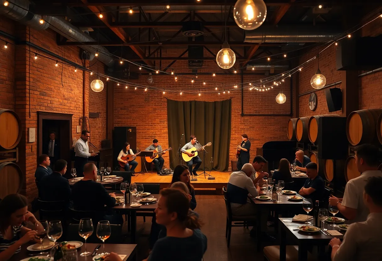Interior view of a winery concert venue in Nashville with stage, dining tables and guests enjoying wine and live music.