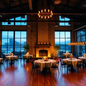 Intimate wedding reception setup inside an industrial-chic winery with candlelit tables, wine barrels and downtown skyline views.
