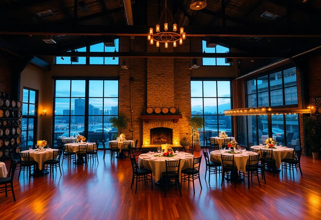 Intimate wedding reception setup inside an industrial-chic winery with candlelit tables, wine barrels and downtown skyline views.