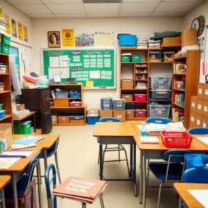 A classroom scene with various educational supplies available for students.