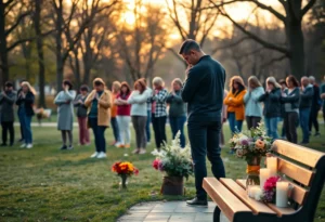 Community fitness group holding a small outdoor memorial at sunset with candles and flowers