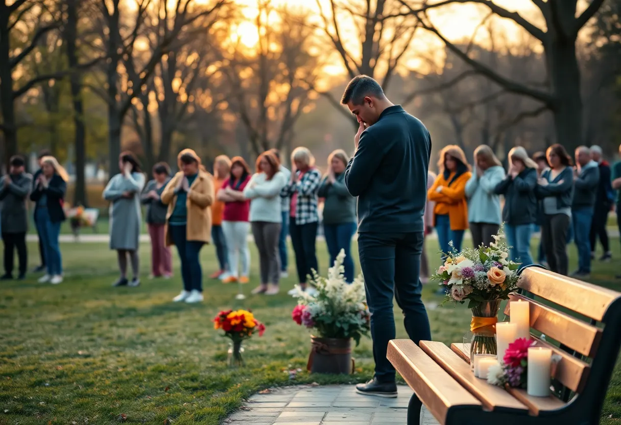 Community fitness group holding a small outdoor memorial at sunset with candles and flowers