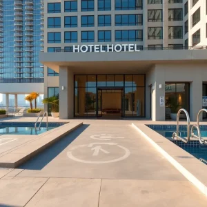 Hotel exterior and pool area at Conrad Nashville showing ramped entrance, accessible parking and pool hoist