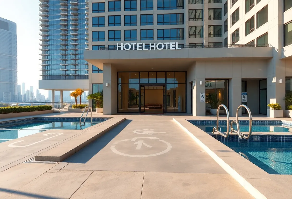 Hotel exterior and pool area at Conrad Nashville showing ramped entrance, accessible parking and pool hoist