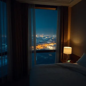 Upper-floor hotel room at night with heavy curtains, earplugs on the nightstand and distant concert lights beyond the window