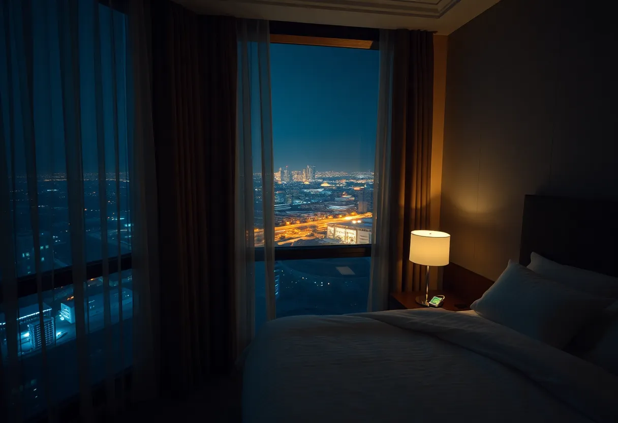 Upper-floor hotel room at night with heavy curtains, earplugs on the nightstand and distant concert lights beyond the window