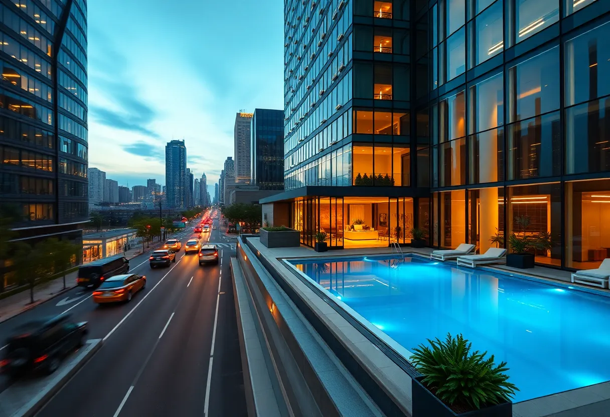 Conrad Nashville exterior with rooftop pool and Nashville skyline at dusk