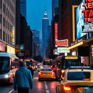 Evening street view from West End toward Lower Broadway with neon honky tonk signs, pedestrians and a bus in motion