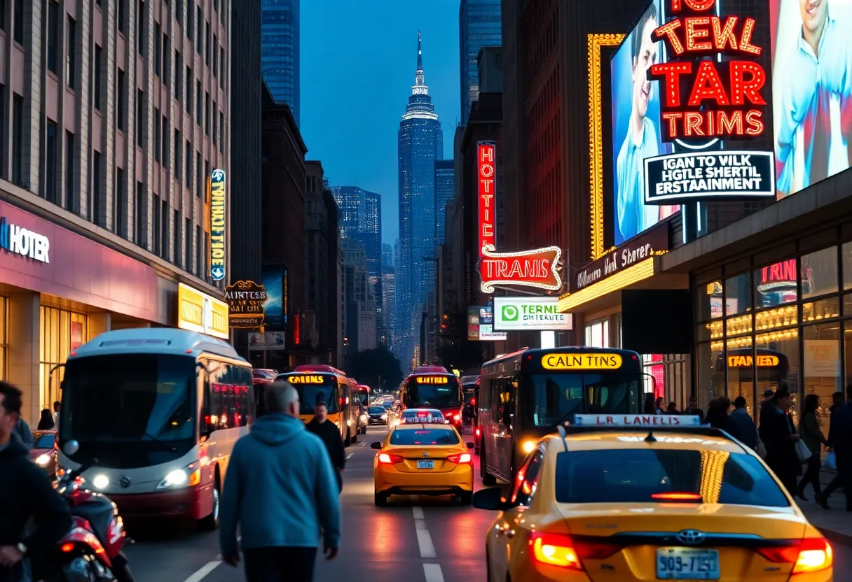 Evening street view from West End toward Lower Broadway with neon honky tonk signs, pedestrians and a bus in motion