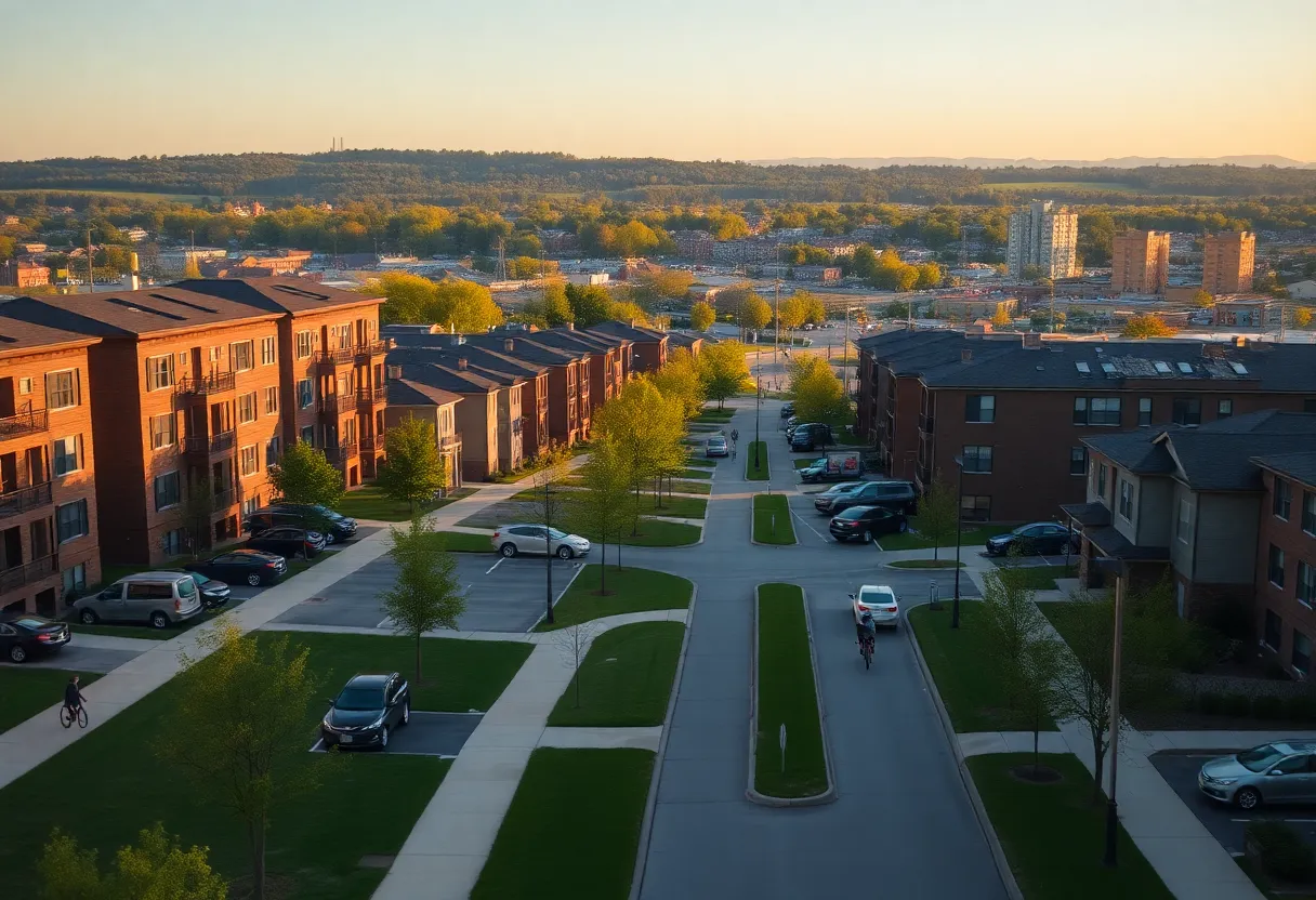 Street view of affordable apartment buildings and greenway in Davidson County at golden hour