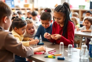 Children participating in STEM activities in a classroom setting