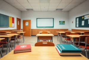 An empty classroom with desks and educational materials, showing the impact of budget challenges on schools.