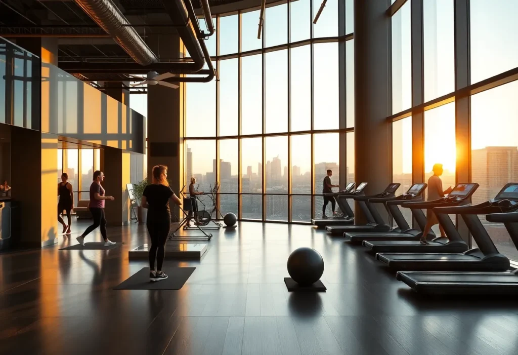 Interior of a high-end gym with people exercising and a Nashville skyline view through large windows