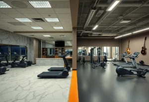 Side-by-side luxury gym interior and budget gym floor with Nashville skyline mural