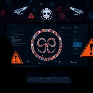 Abstract representation of online dangers targeting minors.