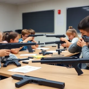 Students participating in firearms safety training in a classroom