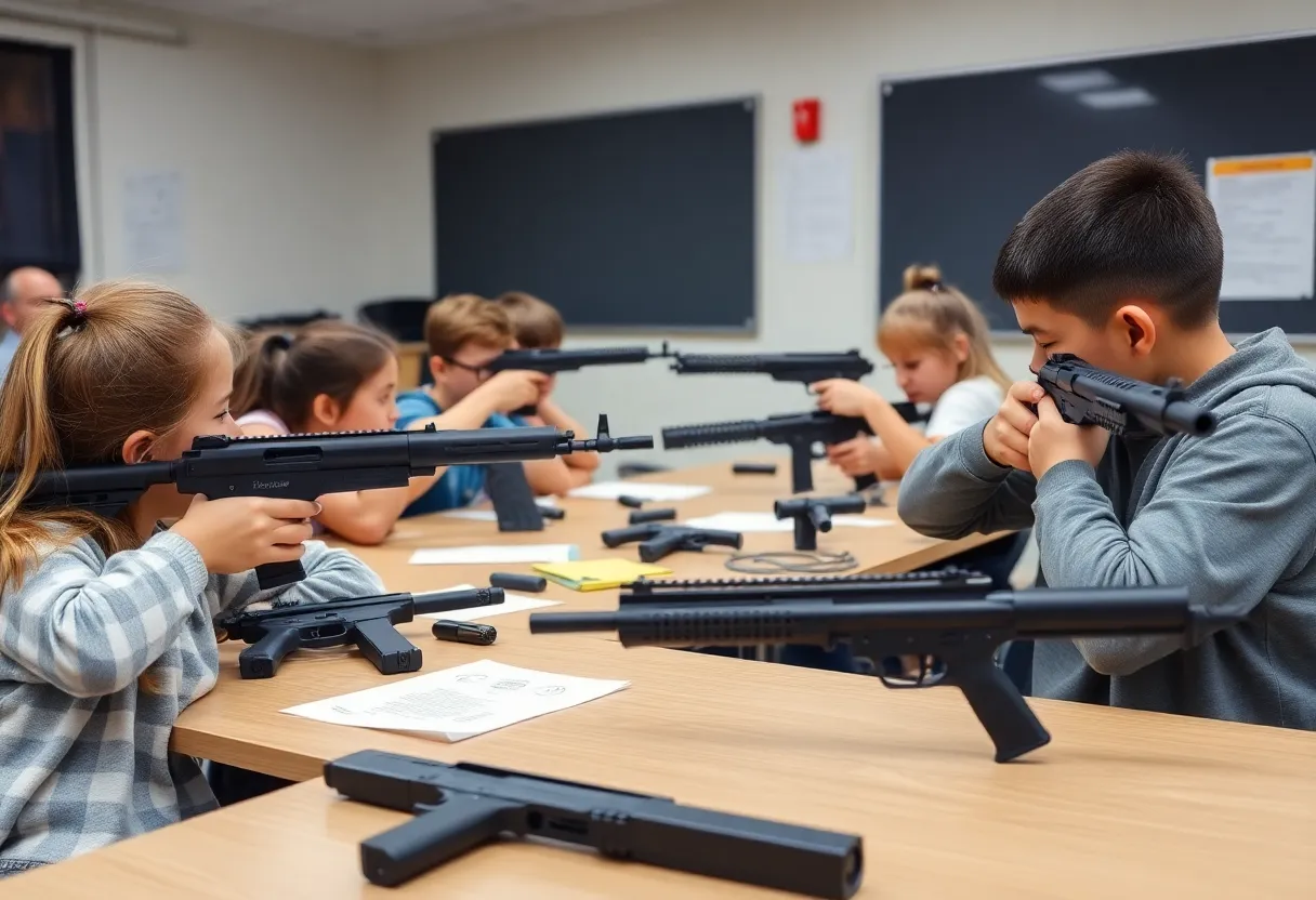 Students participating in firearms safety training in a classroom
