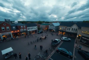 Aerial view of Franklin town square crowded with people, parked cars, bikes, and ride-share vehicles under evening lights
