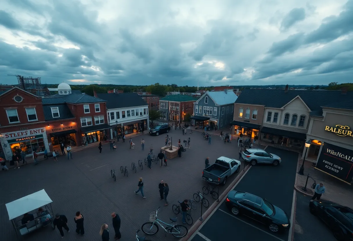 Aerial view of Franklin town square crowded with people, parked cars, bikes, and ride-share vehicles under evening lights