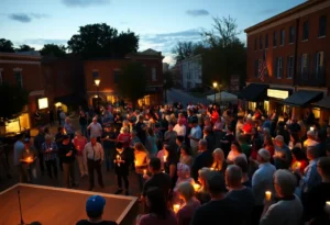Crowd gathered in Franklin town square at dusk holding candles for a peaceful vigil