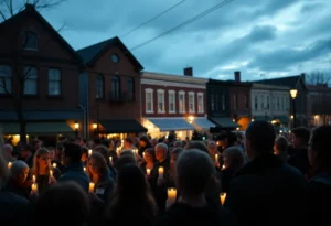 Candlelit vigil in a small town square with attendees and journalists keeping distance